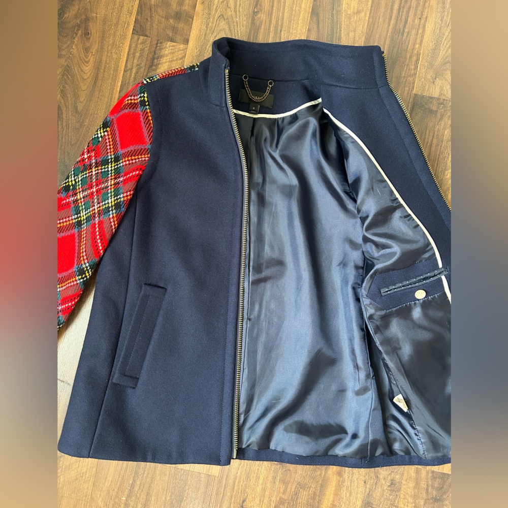 J. Crew Colorblock Shetland Wool Navy Jacket w Red Plaid Arms - Picture 7 of 12